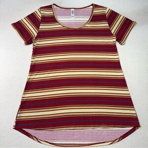 LuLaRoe - Irma - Striped Short Sleeve Top in Red, Tan & Blue - Size Small